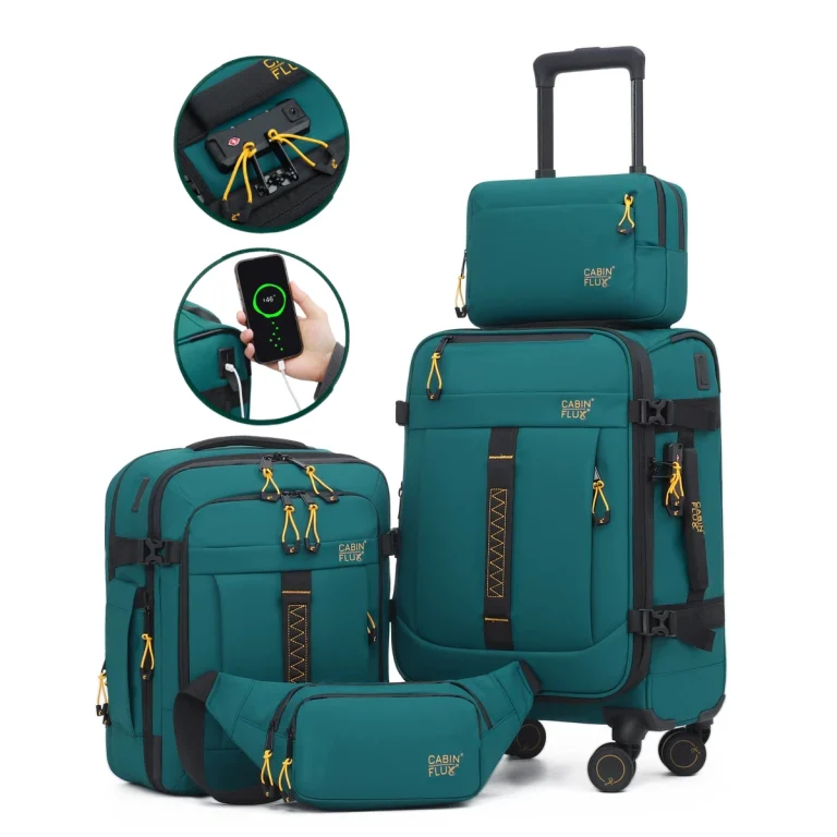 סט טרולי 20 ותיק עלייה למטוס כולל פאוץ’ ותיק רחצה תואם במתנה – דגם Apex Ranger מבית CABIN FLUX